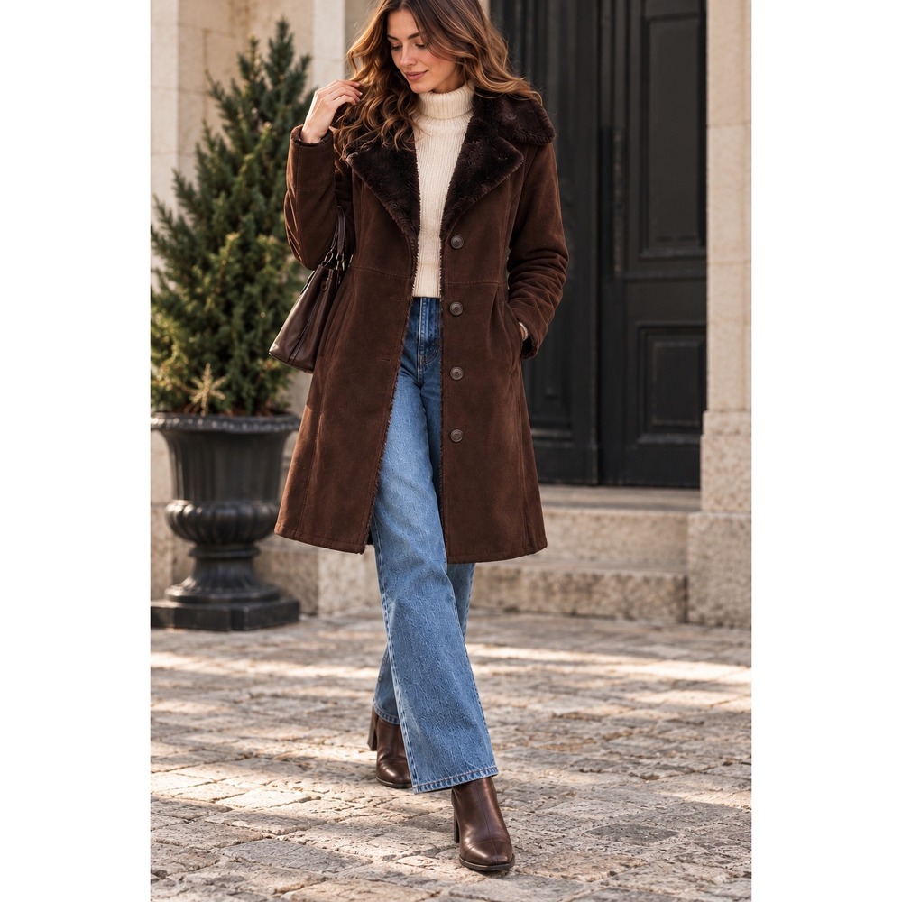 Vintage Calvin Klein Womens Faux Suede Fur Trim Trench Coat Brown Small